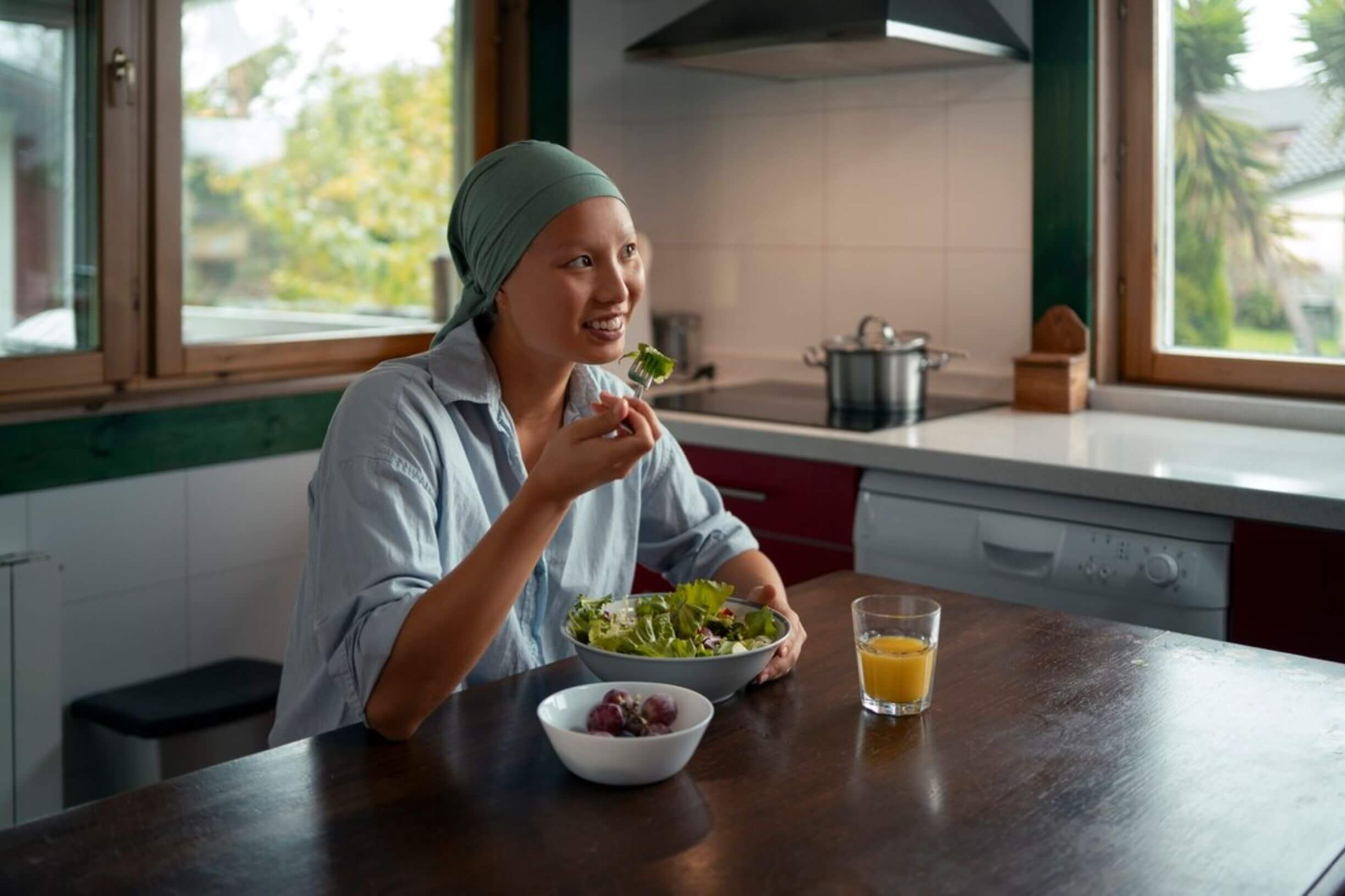 Cancer Diet: A patient enjoying a nutritious meal at home with guidance